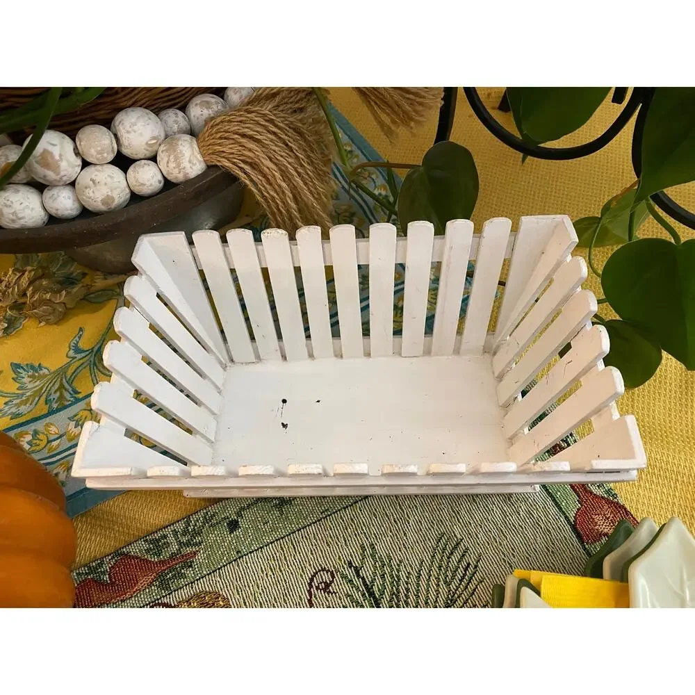 Small White Wood Picket Fence Basket Planter Farmhouse Cottage Decor 7.5